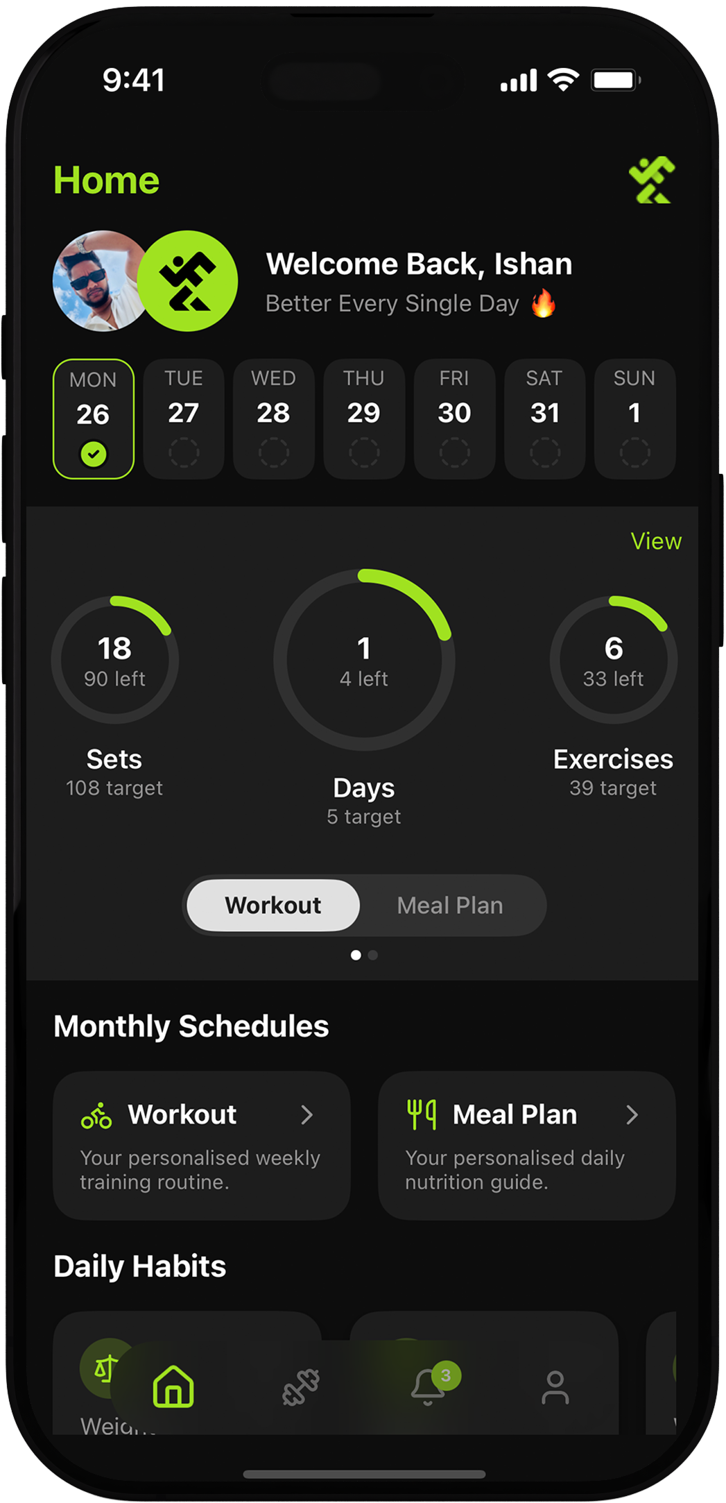 Illustrative Fitness Guru app preview showing a daily workout, nutrition goals, and weekly activity