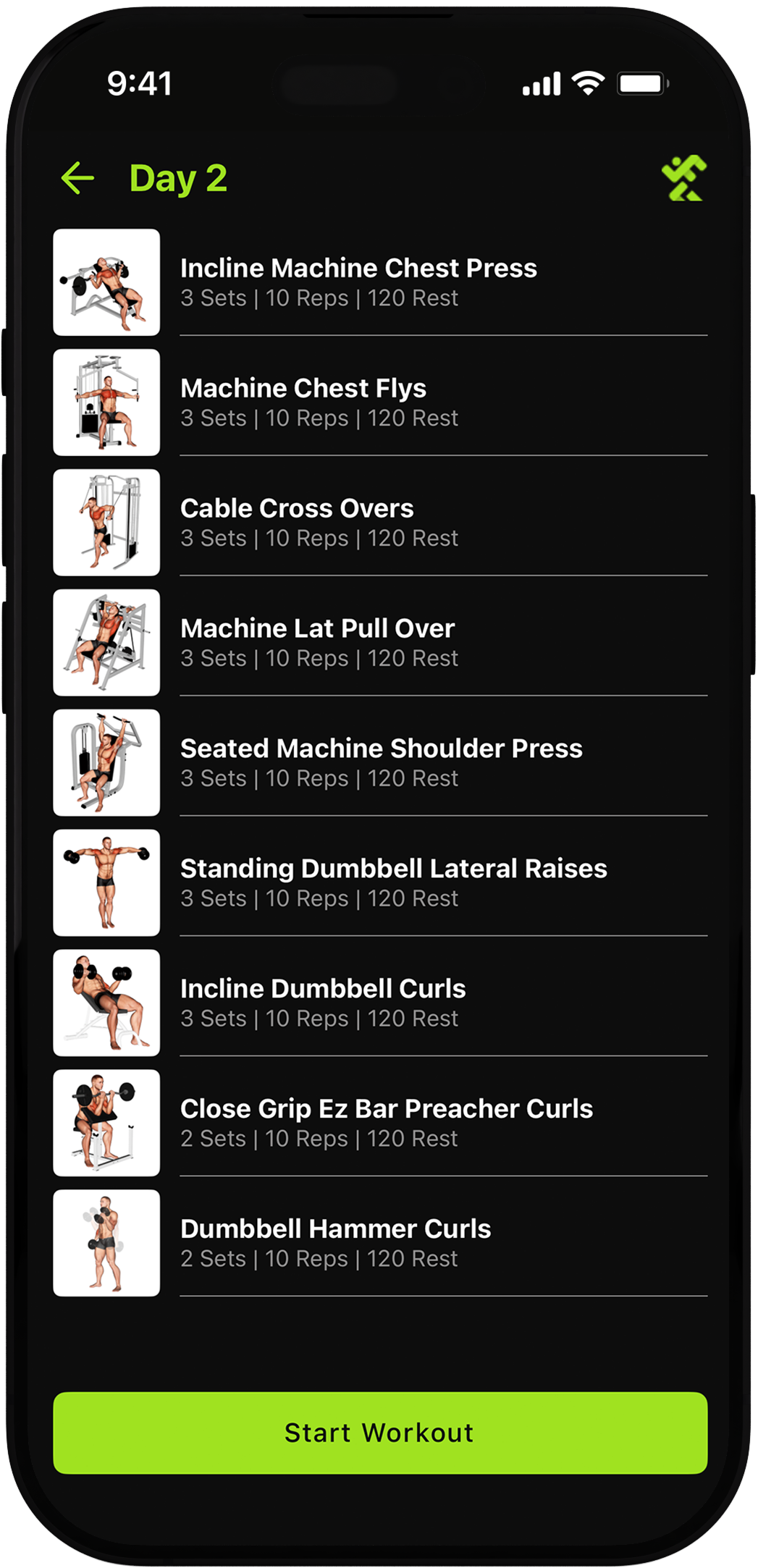 Illustrative workout details with exercises, sets, reps, and weights